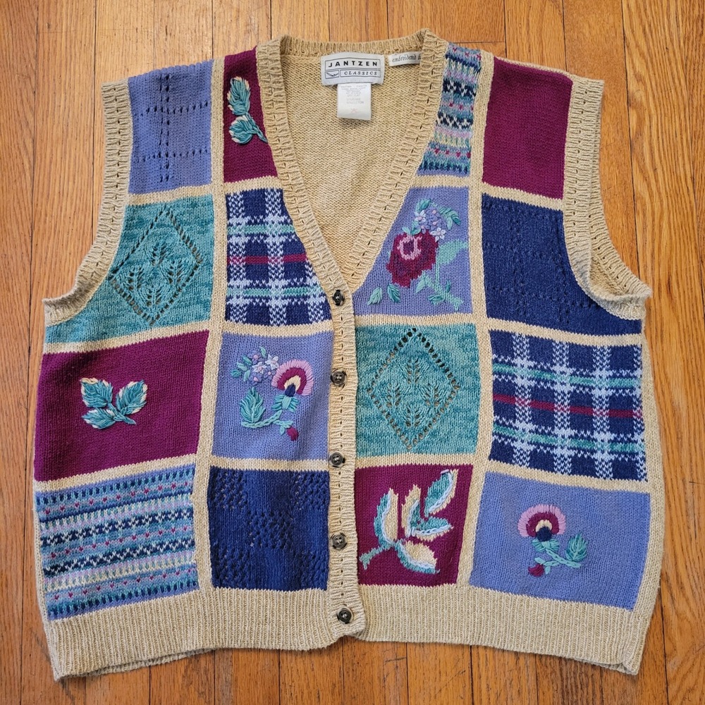 Jantzen XL Patchwork Embroidered Button Vest Tan Granny Cottage Boho Country